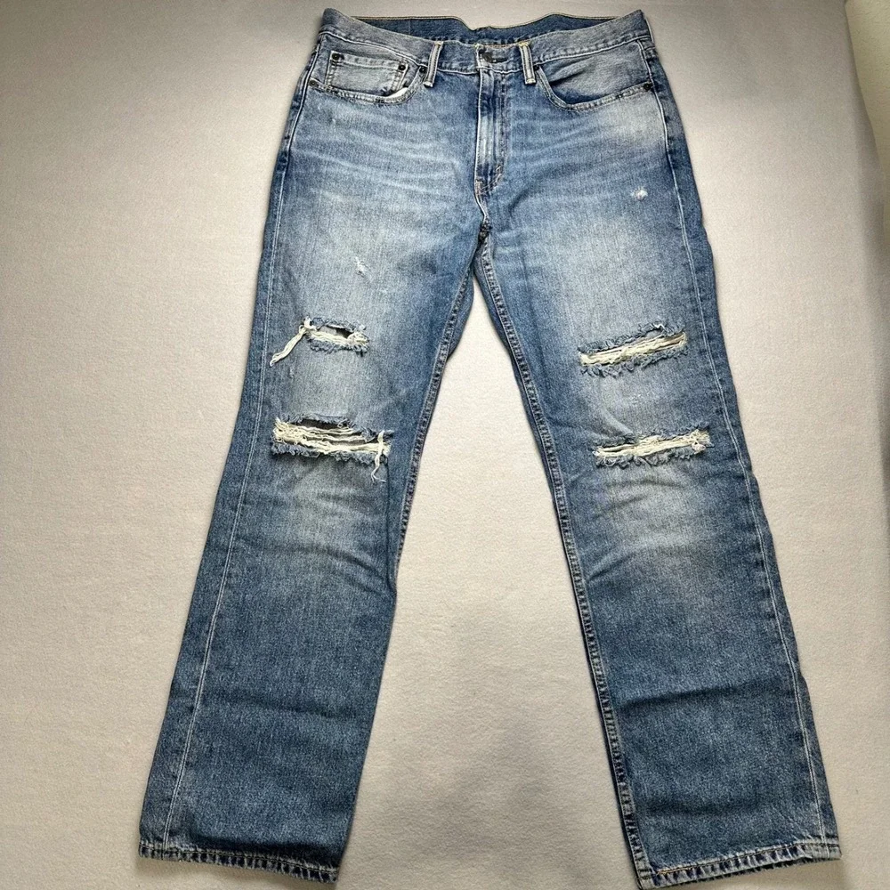 Levi's 514 Straight Fit Jeans Mens 34x30 Blue Distressed Ripped Denim 00514-0881